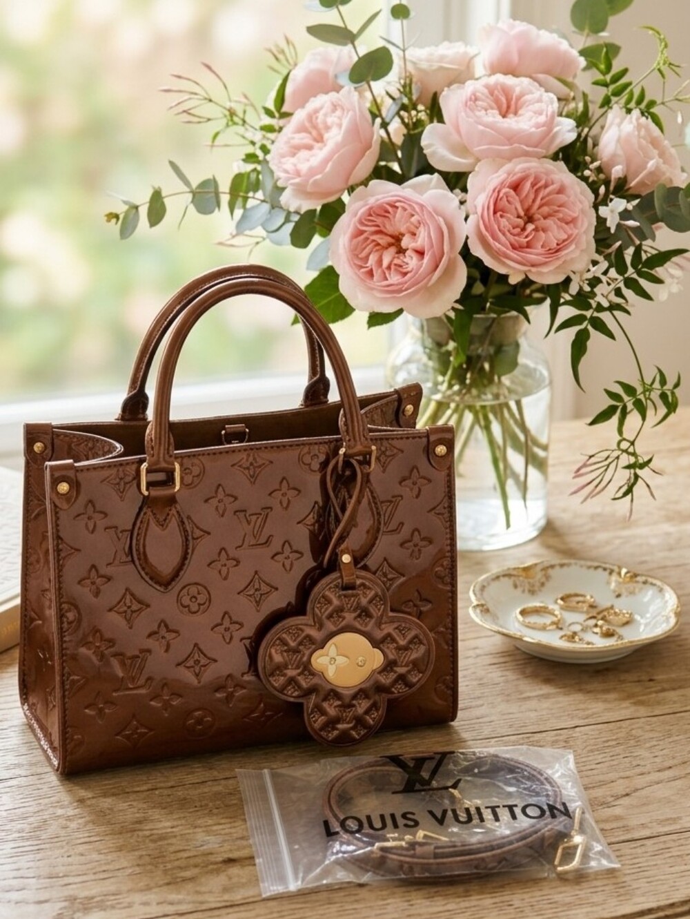 Vernis Brown Monogram Patent Tote with Charm